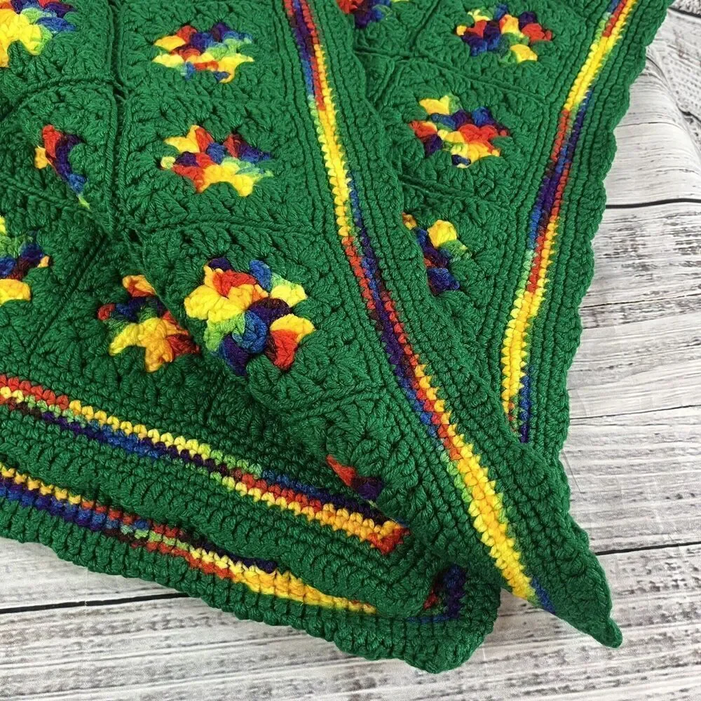 Vintage Rainbow Granny Square Thick Afghan Blanket Crochet 59